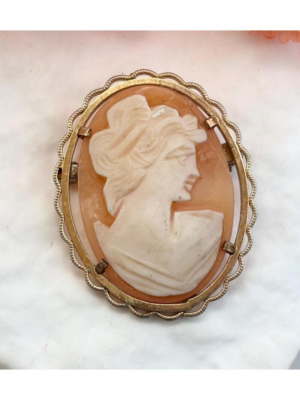 Genuine Pink Cameo Accented Gold Toned Vintage Costume Jewelry Brooch | Pendant